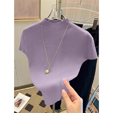 批发温柔紫立领针织短袖T恤女早秋新款外穿气质修身显瘦百搭打底上衣