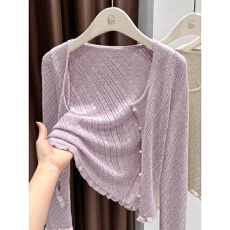批发浅紫色<b class='q'>镂空</b><b class='q'>开衫</b>女高级感上衣外搭配裙子披肩短外套长袖毛针织衫