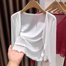 批发温柔气质冰丝网纱防晒开衫女夏日轻薄裙子外搭蕾丝披肩空调衫上衣