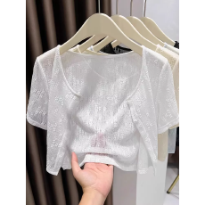 批发蕾丝短袖开衫薄款女短款夏季设计感配<b class='q'>吊带</b>裙外搭罩衫冰丝网纱披肩