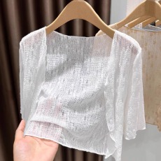 批发蕾丝勾花短款披肩女<b class='q'>夏</b>冰丝网纱透气短袖开衫连衣裙外搭薄白色罩衫