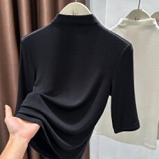 批发安可拉红半高领针织打底衫女早秋季小衫莱赛尔天丝高端五分<b class='q'>袖</b><b class='q'>上衣</b>