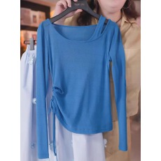 批发假两件露肩蓝色长袖t恤女2025夏季新款抽绳收腰显瘦上衣防晒<b class='q'>罩衫</b>