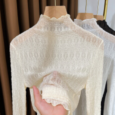 批发秋冬木耳边蕾丝打底衫女长袖2025新款半高领毛衣内搭薄款镂空纱衣