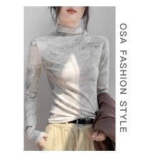 批发咖色扎染半高领<b class='q'>打底衫</b>女2025新款秋冬欧货<b class='q'>修身</b>内搭高级感长袖T恤