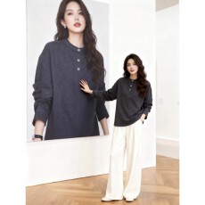 批发深灰色圆领纽扣磨毛长袖打底衫女2025秋冬季高级感宽松T恤上衣女