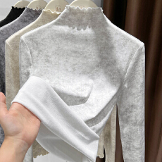 批发杏色木耳边半高领打底衫<b class='q'>女装</b>2025秋冬季内搭中领洋气百搭扎染上衣