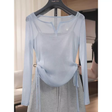 批发蓝色V领防晒长袖t恤女2025夏季新款抽绳收腰显瘦短款上衣空调罩衫