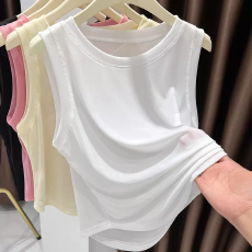 批发粉色无袖冰丝宽肩带背心女超好看外穿轻薄透视运动上衣网纱打底衫