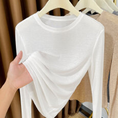 批发黑色圆领针织长袖T恤女2025秋冬新款薄款软糯面膜内搭打底衫上衣