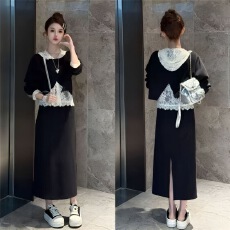 批发蕾丝连帽背心开叉罩衫卫衣半身裙女2025<b class='q'>秋</b>季时尚慵懒三件套洋气