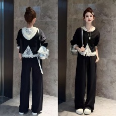 批发蕾丝连帽背心开叉罩衫卫衣阔腿裤女2025<b class='q'>秋</b>冬时尚慵懒三件套洋气
