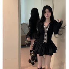 批发美式辣妹polo领领带春秋新款长袖<b class='q'>t</b><b class='q'>恤</b>高腰半身裙学院风jk两件套装