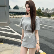 批发高级感一整套气质斜肩蕾丝拼接短袖<b class='q'>卫衣</b>高腰半身裙裤休闲两件套女