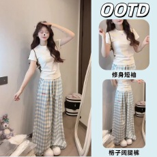 批发夏季<b class='q'>新款</b>盐甜系穿搭韩系修身辣妹短袖上衣百搭高腰格子阔腿裤套装