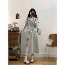 批发早<b class='q'>秋</b>穿搭一整套微胖mm法式减龄纯欲风休闲运动连帽卫衣两件套装裙