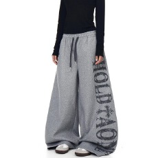 BLACKLISTS美式复古字母印花灰色毛呢弯刀裤男女冬加厚宽松阔腿裤