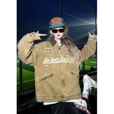 批发【双层斜纹水印短款众优汇垫肩工装外<b class='q'>套男</b>女冬季拉链夹克牛仔翻领