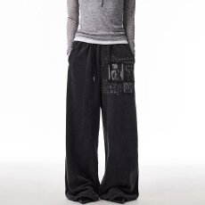 批发新款秋季美式复古做旧印花休闲卫裤男女宽松直筒运动垂感阔腿长裤