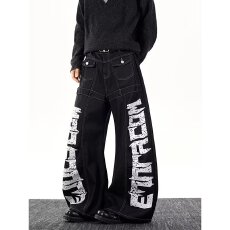 批发自然涩黑色牛仔裤女春秋季新款美式涂鸦休闲宽松直筒拖地阔腿裤潮