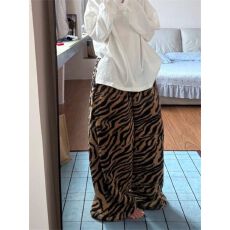 豹纹休闲睡裤美式复古抽绳女秋冬保暖宽松显瘦阔腿居家长裤