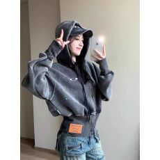 秋季新款小众做旧加宽螺纹短款连帽外套女宽松复古收腰夹克潮