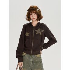 美式复古贴布绣连帽卫衣外套女秋季新款设计感正肩短款修身上衣潮