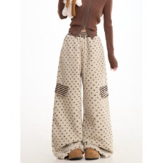 批发NERESUM冬季羊羔毛棉<b class='q'>裤</b>女<b class='q'>条纹</b>五角星贴布绣宽松保暖毛绒阔腿<b class='q'>裤</b>