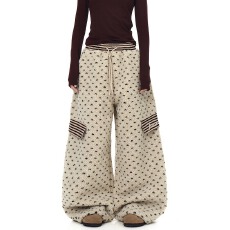 批发BLACKLISTS美式条纹拼接爱心满印羊羔绒棉裤男女<b class='q'>设计</b>感保暖阔腿裤