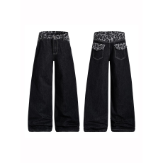 批发美式复古高街辣妹设计感拼接豹纹<b class='q'>牛仔裤</b>女宽松直筒<b class='q'>显瘦</b>拖地长裤子