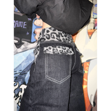 批发美式复古豹纹拼接腰头<b class='q'>牛仔裤</b>男女新款街头直筒宽松<b class='q'>显瘦</b>拖地长裤子