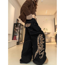 批发美式复古辣妹豹纹刺绣<b class='q'>牛仔裤</b>女新款小众设计感宽松阔腿<b class='q'>显瘦</b>拖地裤