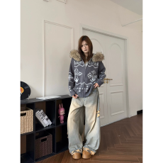 批发迷彩星星贴布拼接牛仔裤男女潮牌美式水洗做旧垂感阔腿拖地长裤子