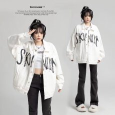 批发秋季美式涂鸦字母印花牛仔夹克男女款宽松高街港风外套潮流上衣