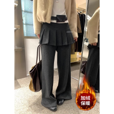 批发假两件叠穿百褶裙拼接屁帘阔腿裤女冬季新款百搭通勤显瘦休闲<b class='q'>长</b>裤