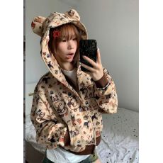 批发美式复古狗狗满印耳朵连帽<b class='q'>卫衣</b>女秋季宽松休闲开衫<b class='q'>短款</b>外套