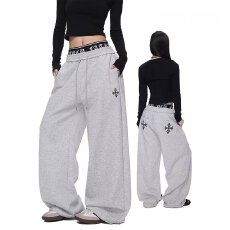 批发2026美式休闲条纹松紧腰字母绣标运动裤男秋<b class='q'>冬</b>新款抽绳弯刀卫裤