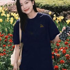 批发藏青色圆领纯棉短袖T恤女装夏季新款卡通小马印花休闲宽松上衣女