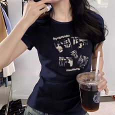 批发黑色圆领纯棉短袖T恤女装夏季新款美式复古设计感休闲百搭上衣女