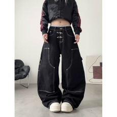 批发秋季美式复古廓形设计感水洗弯刀牛仔裤男女宽松阔腿香蕉<b class='q'>长裤</b>子