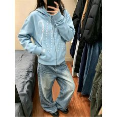 批发美式自由复古连帽正肩卫衣<b class='q'>外套</b>女秋季宽松潮牌情侣装休闲短款上衣
