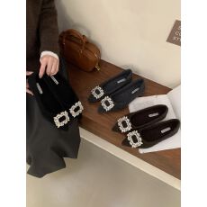 2025秋冬新款保暖毛呢浅口水钻扣仙女风平底尖头单鞋软底百搭女鞋