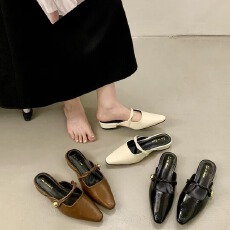 批发2026春季新款粗跟一字带半拖女外穿时尚金属扣软底百搭显瘦包头拖