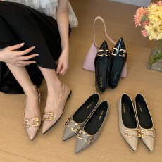 批发2026春季新款浅口法式尖头水钻方扣单鞋女百搭通勤鞋温柔风女单鞋