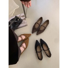 晚晚风尖头平底单鞋女春秋复古绒面交叉细带玛丽珍浅口气质女鞋子