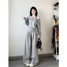批发250g灰色高级<b class='q'>显瘦</b>长袖套装性感斜肩收腰个性设计春秋季长裤两件套
