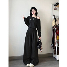 250g灰色高级显瘦长袖套装性感斜肩收腰个性设计春秋季长裤两件套