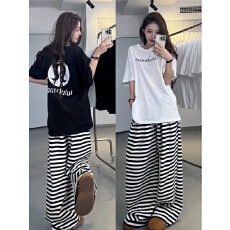 批发纯棉上衣+珠地裤子 慵懒风宽松短袖T恤<b class='q'>夏</b>季条纹阔腿裤休闲套装