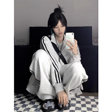 批发纯棉华棉面料 学院风<b class='q'>百搭</b>开衫卫衣长裤两件套宽松休闲<b class='q'>运动服</b>套装