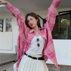 批发复古粉色格子衬衫<b class='q'>设计</b>感小众秋季新款ins风百搭宽松长袖衬衣女